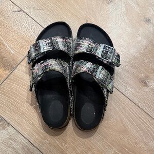 Birkenstock Multicolor Tweed Two-Strap Sandals with Black Footbed